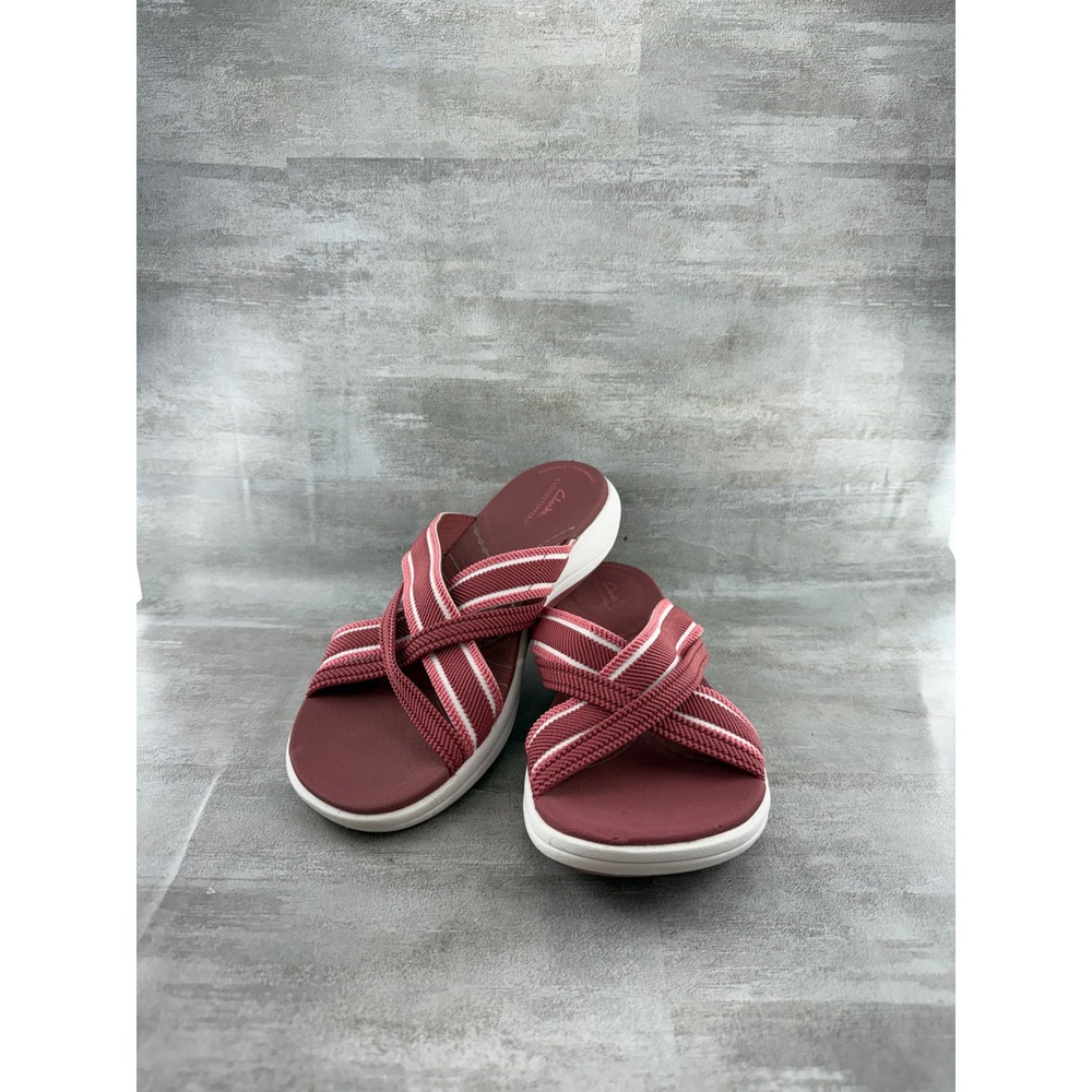 Clarks Cloudsteppers Arla Glison Burgundy White Striped Slide Sandals Women 9M